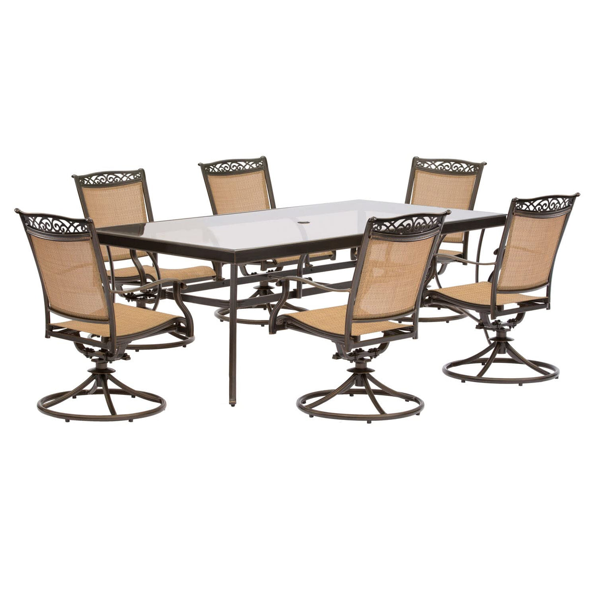 Fontana 7-Piece Outdoor Dining Set with Six Sling Swivel Rockers and an Extra Large Glass-top Dining Table