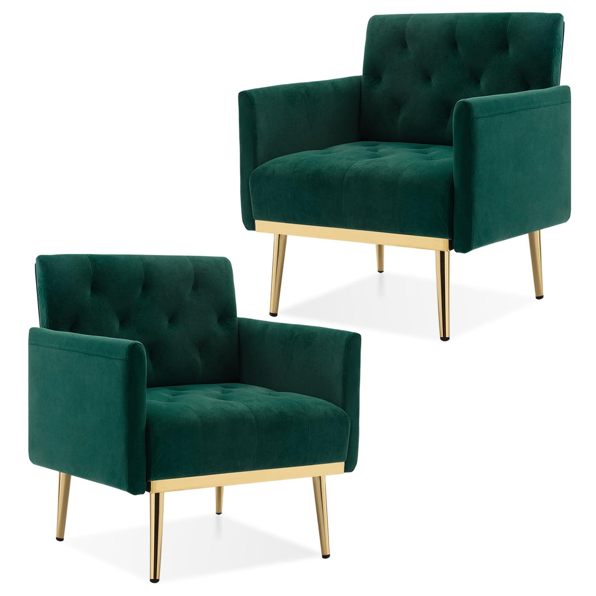 Green Velvet Accent Chairs Set of 2, Comfy Button Tufted Armchair, Upholstered Arm