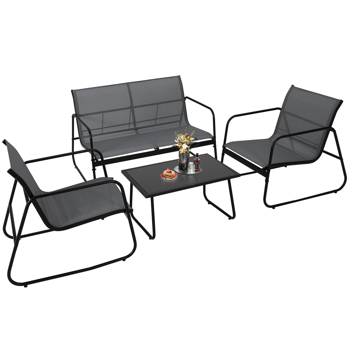 4 Pieces Outdoor Patio Furniture Set with Loveseat and 2 Textilene Fabric Chairs a Glass