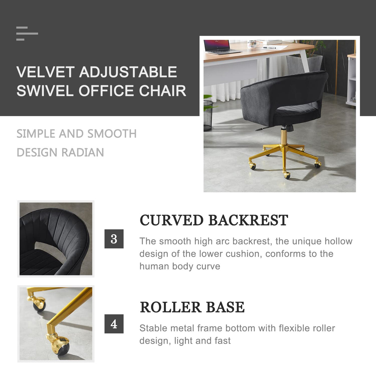 Black Velvet Office Chair with Gold Base