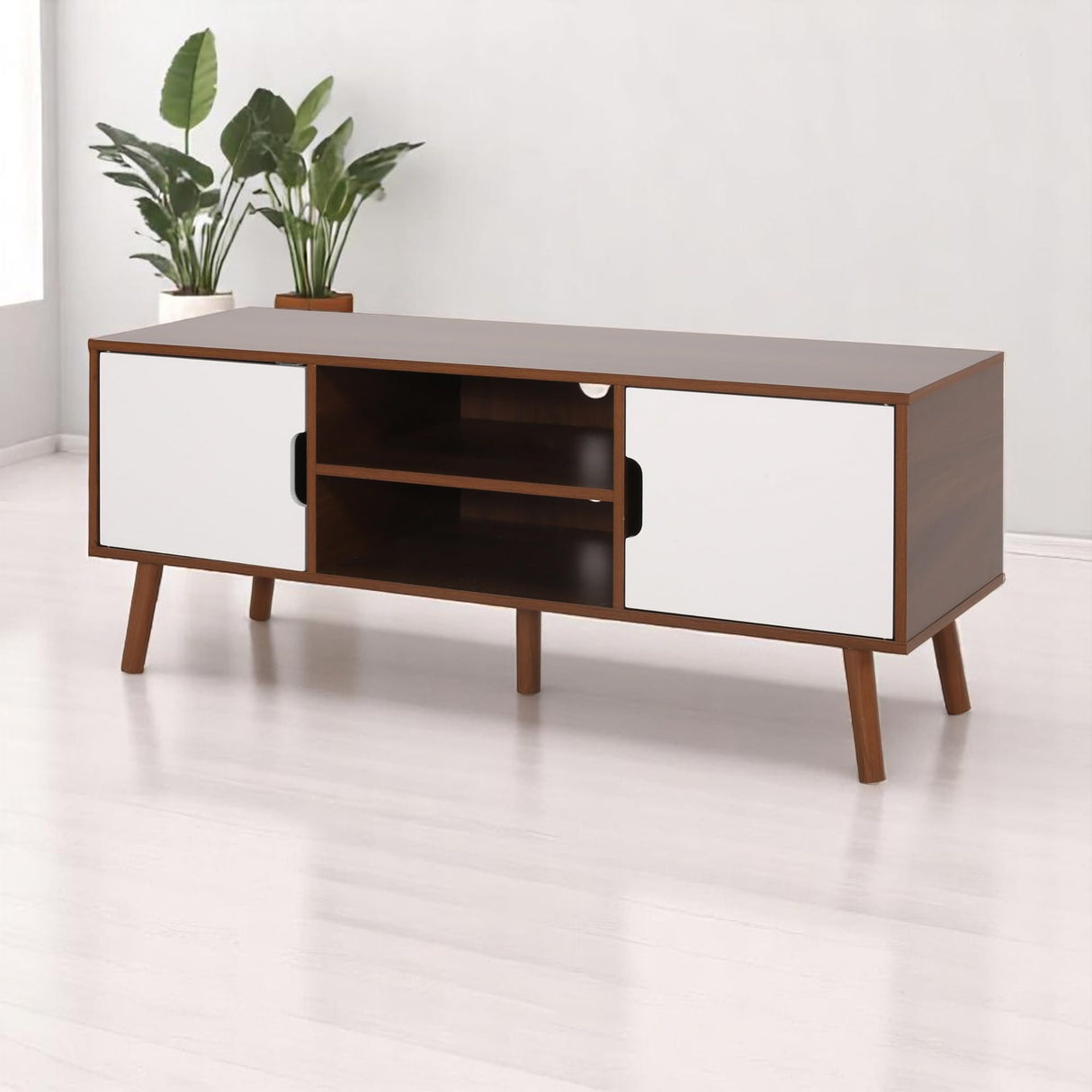 Mid-Century Modern TV Stand, Wood TV Console with 3 Drawers and Pine Splayed Legs