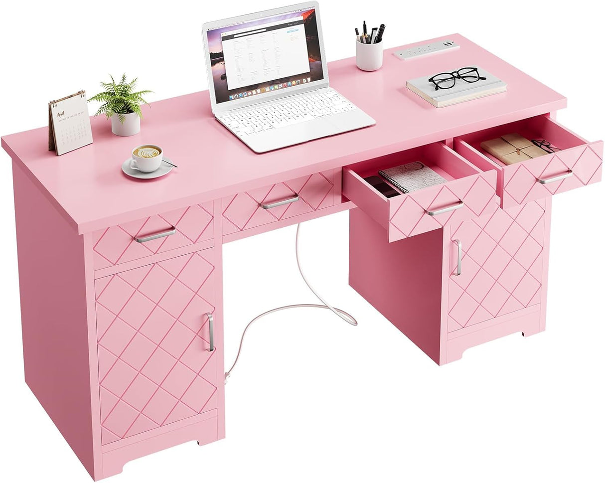 55" " Modern Executive Desk with Storage, Wood Computer Desk with Cabinet and Drawers Home Office Desk