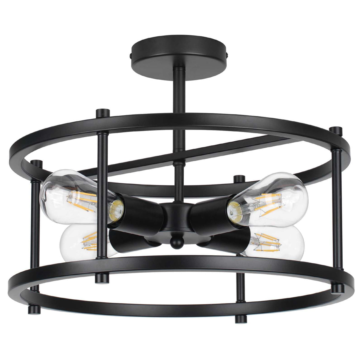 16" Semi Flush Mount 4-Light Industrial Ceiling Light, Black Chandelier