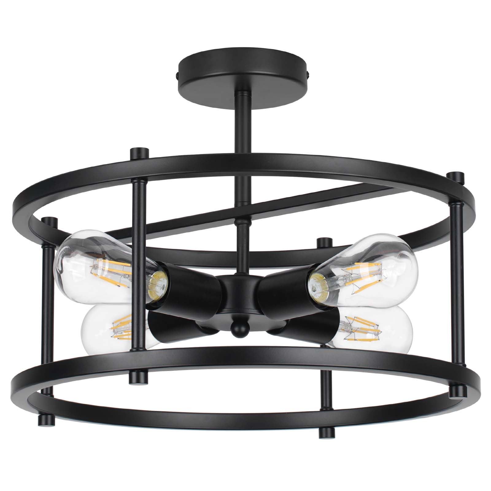 16" Semi Flush Mount 4-Light Industrial Ceiling Light, Black Chandelier