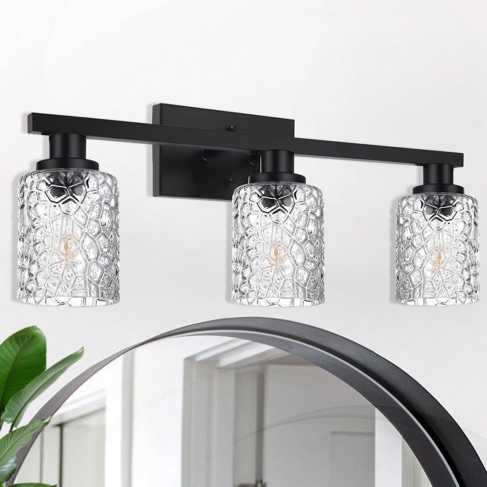 3-Light Vanity Wall Sconce in Matte Black Finish with Clear Glass Shade, Modern Bathroom