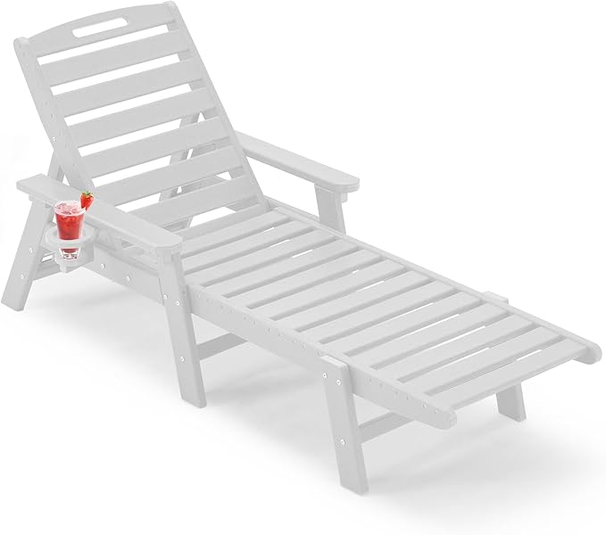 eavy Solid Patio Chaise Lounge with Arm/Cup Holder,HDPE Lounge Chair Outdoor[Wind