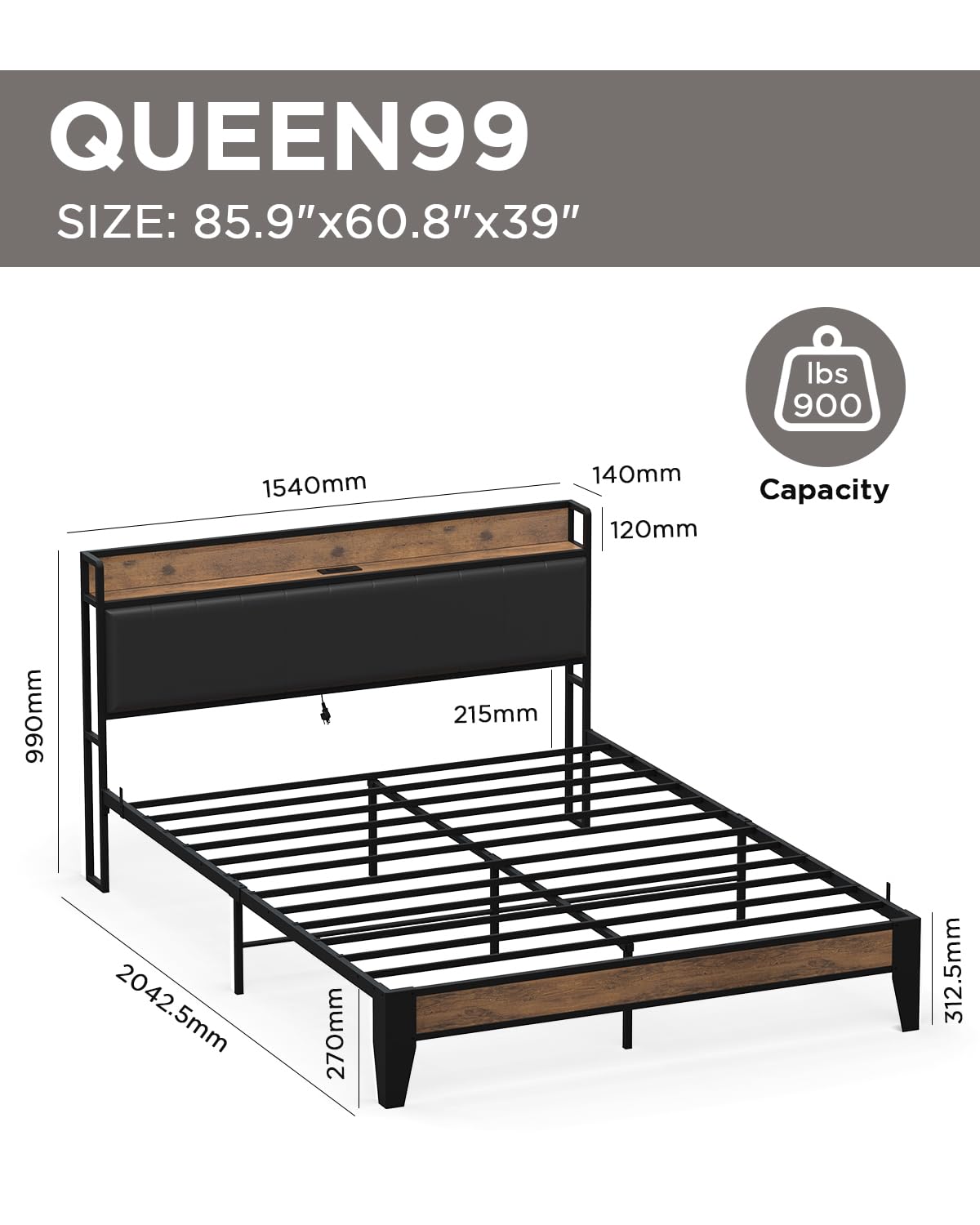 Bed Frame with Storage Headboard, Built-in Charging Station, Easy Assembly, Noise Free,