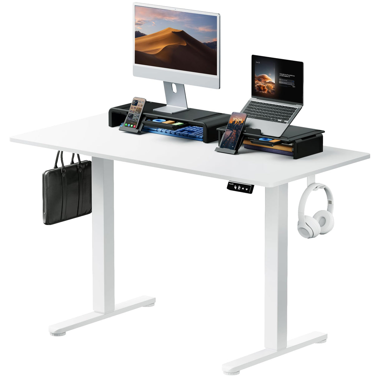 Standing Desk with Dual Monitor Stand Riser, 48 x 24 Inches Height Adjustable Desk with Storage, Electric Stand up Desk with Laptop Stand (Black/White)