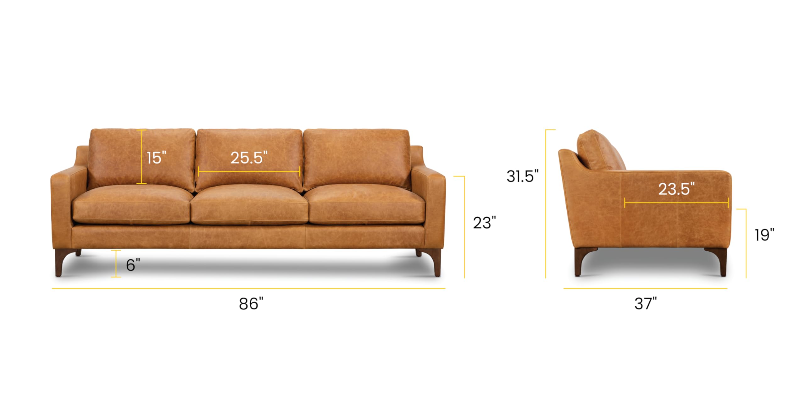 Sorrento Leather Couch – 86-Inch Leather Sofa with Tufted Back - Full Grain Leather Couch with Feather-Down