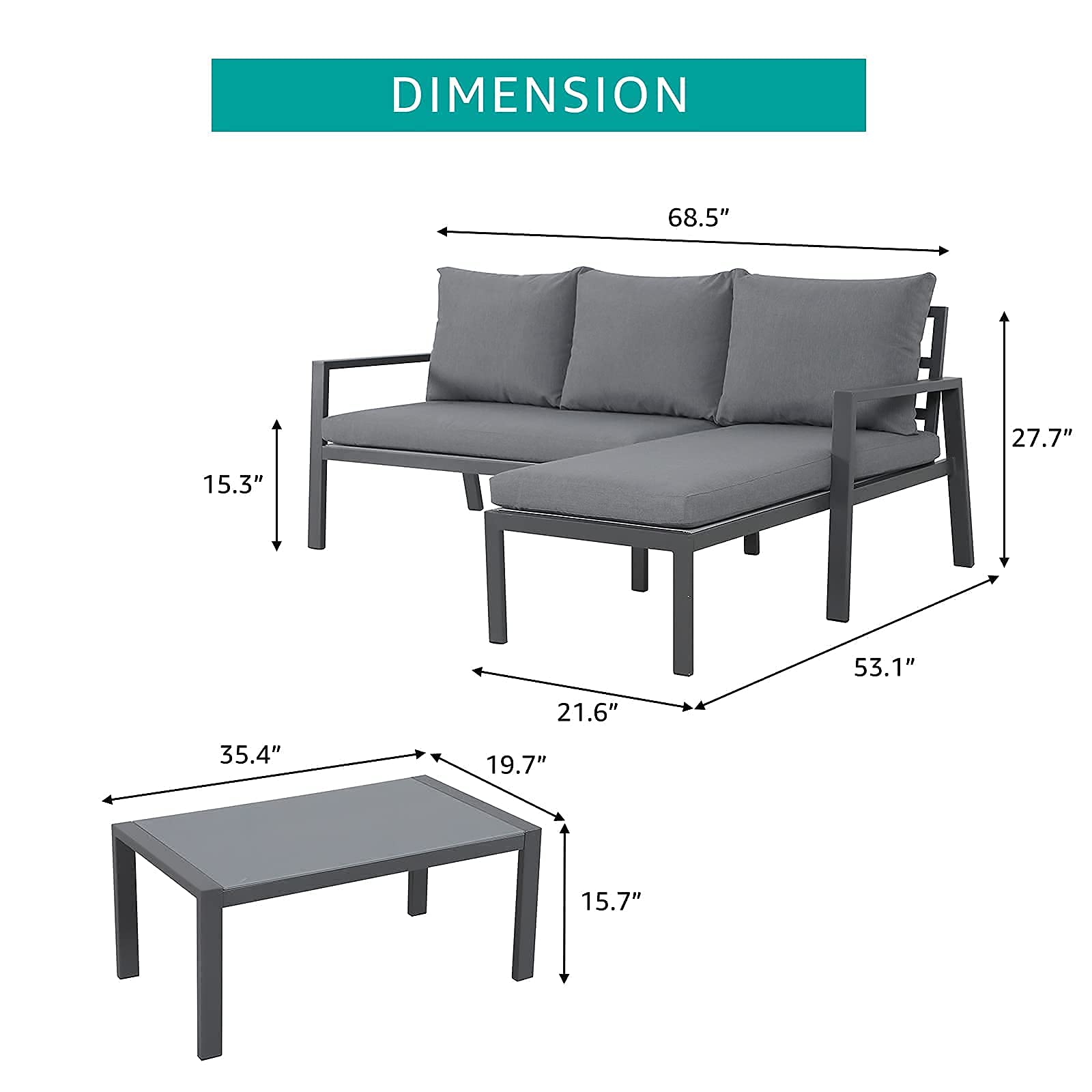 Outdoor Patio Furniture Set with Chaise Lounge, Aluminum Sofa Set for Porch Garden