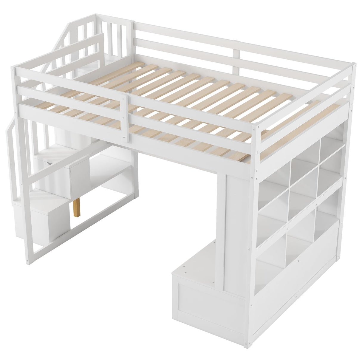 Size Loft Bed with Desk and Storage Stairs, Wood Loft Bed Full with Shelves & 2 Storage