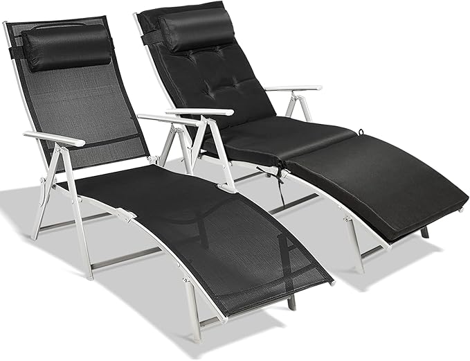 Chaise Lounge Chair for Outside, Pool Folding Reclining Beach Chair W/Removable