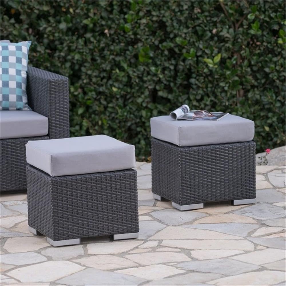 Noble House Santa Rosa 16" Grey Wicker Ottoman Seat w/Silver Cushion (Set of 2)
