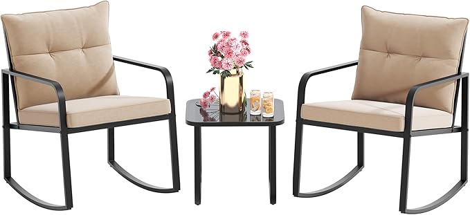 3 Piece Outdoor Rocking Bistro Set, Black Steel Furniture, Porch Chairs Conversation Set
