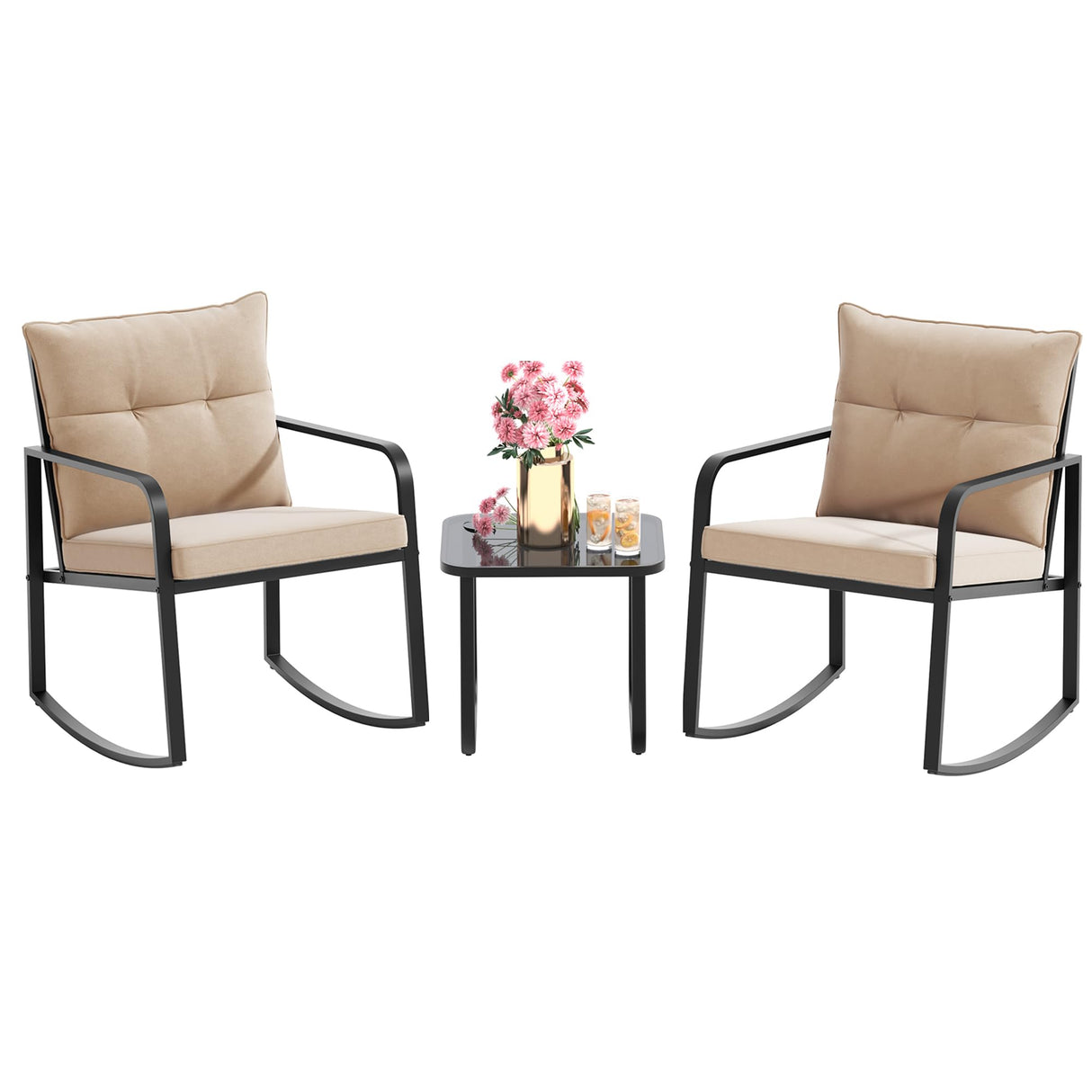 3 Piece Outdoor Rocking Bistro Set, Black Steel Furniture, Porch Chairs Conversation Set