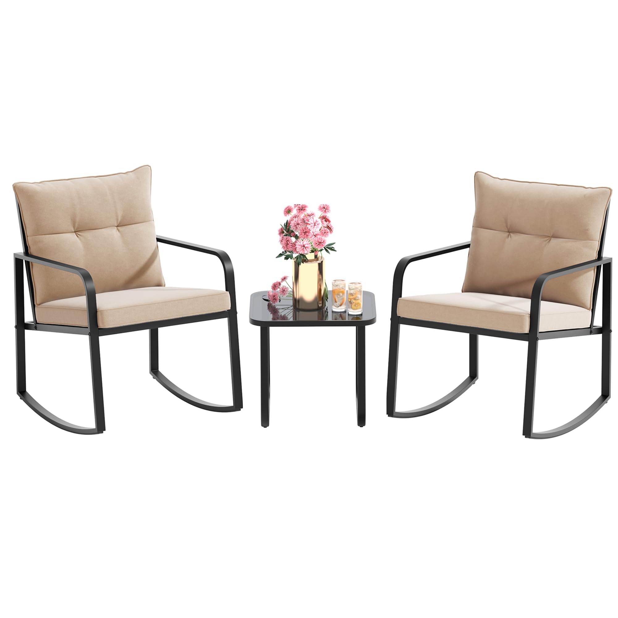 3 Piece Outdoor Rocking Bistro Set, Black Steel Furniture, Porch Chairs Conversation Set