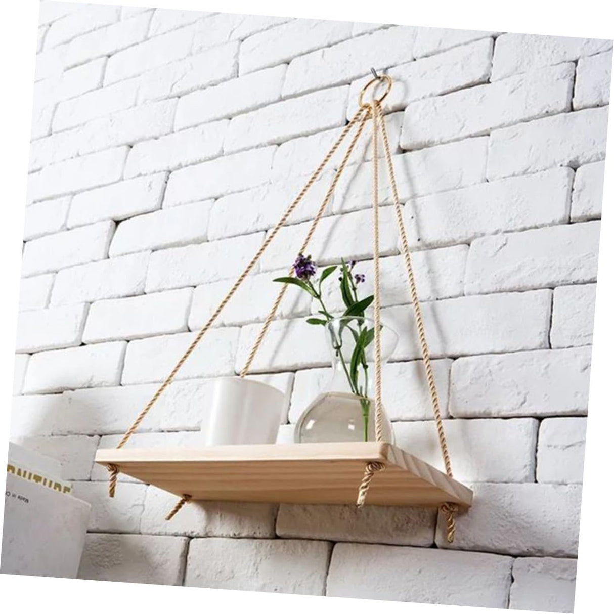 Hanging Flower Pot Storage Rack Wooden Sling Shelf Ropes for Home Wall Decor