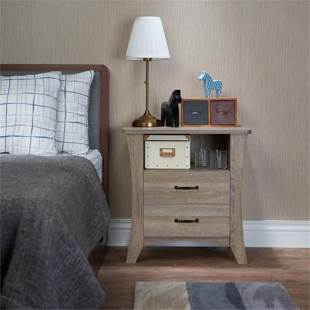 Wooden 2-Drawer Nightstand with Open Shelf in Rustic Natural