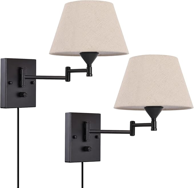 Plug in Wall Sconce Set of 2 Swing Arm Wall Lamp with Plug in Cord and Grey Fabric