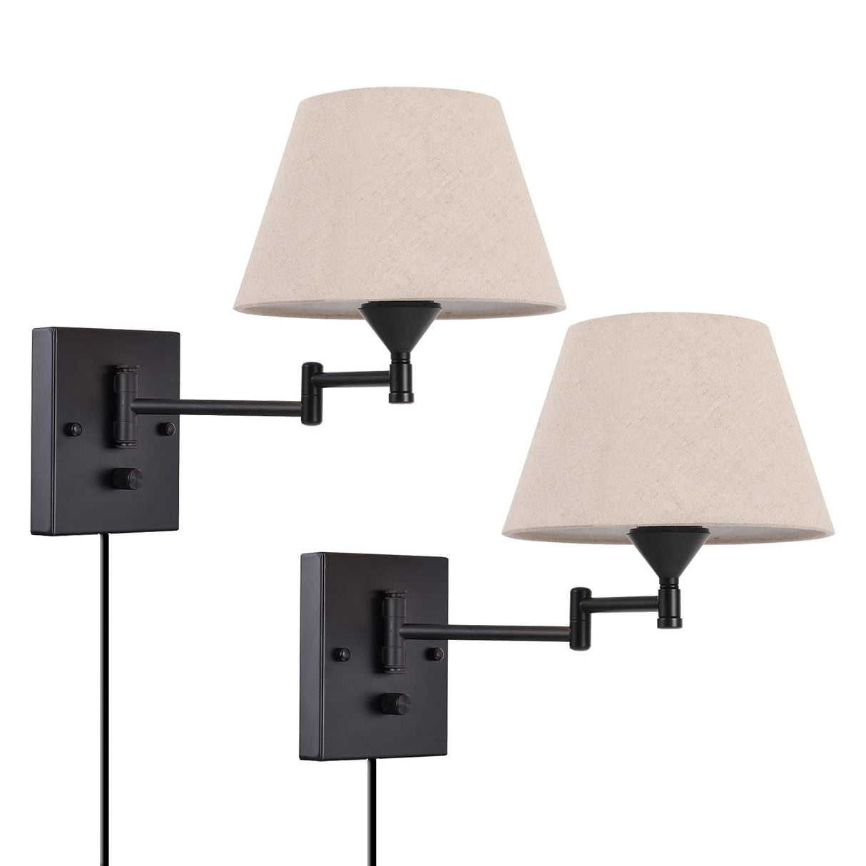 Plug in Wall Sconce Set of 2 Swing Arm Wall Lamp with Plug in Cord and Fabric Shade Wall Light