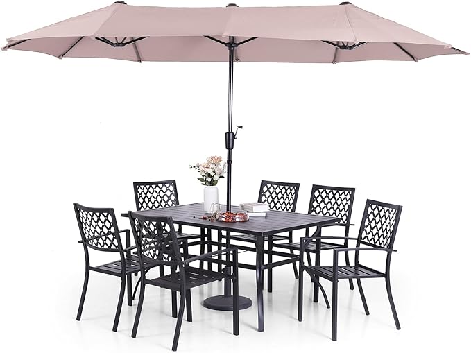 Metal Outdoor Patio Dining Set 6 PCS with 10ft 3 Tier Auto-tilt Umbrella(Orange Red)