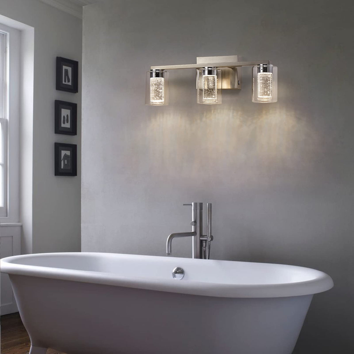 Brushed Nickel Vanity Lights, 3-Light Bathroom Light Fixtures, Crystal LED Bathroom