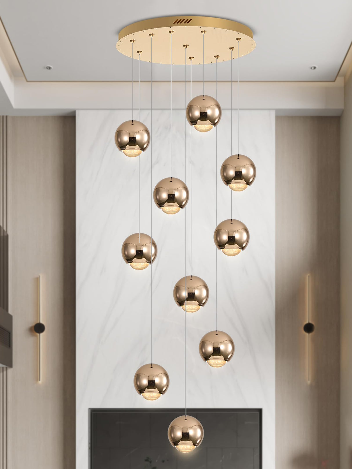 10-Light LED Staircase Gold Chandelier Crystal Ceiling Lights Large Chandeliers for High