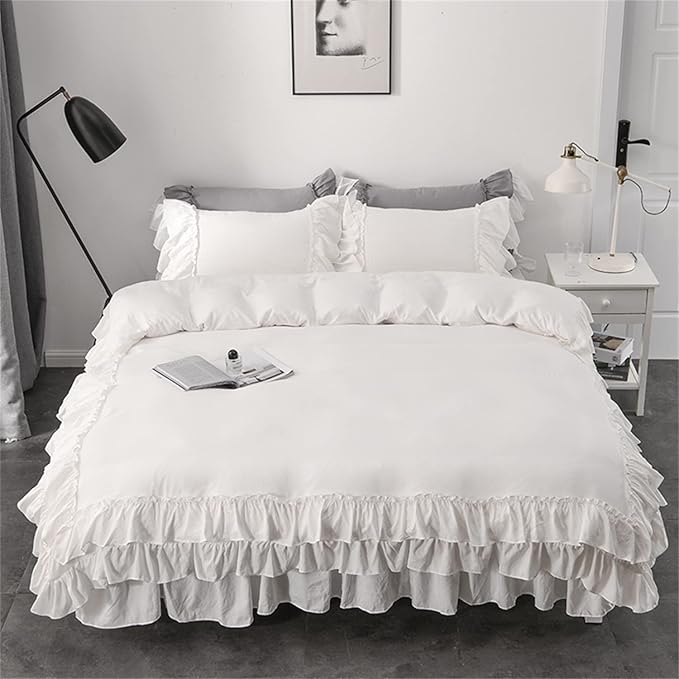White Ruffled Bedding-2 Pieces Twin Seersucker Duvet Cover Textured Stripe Style, Soft