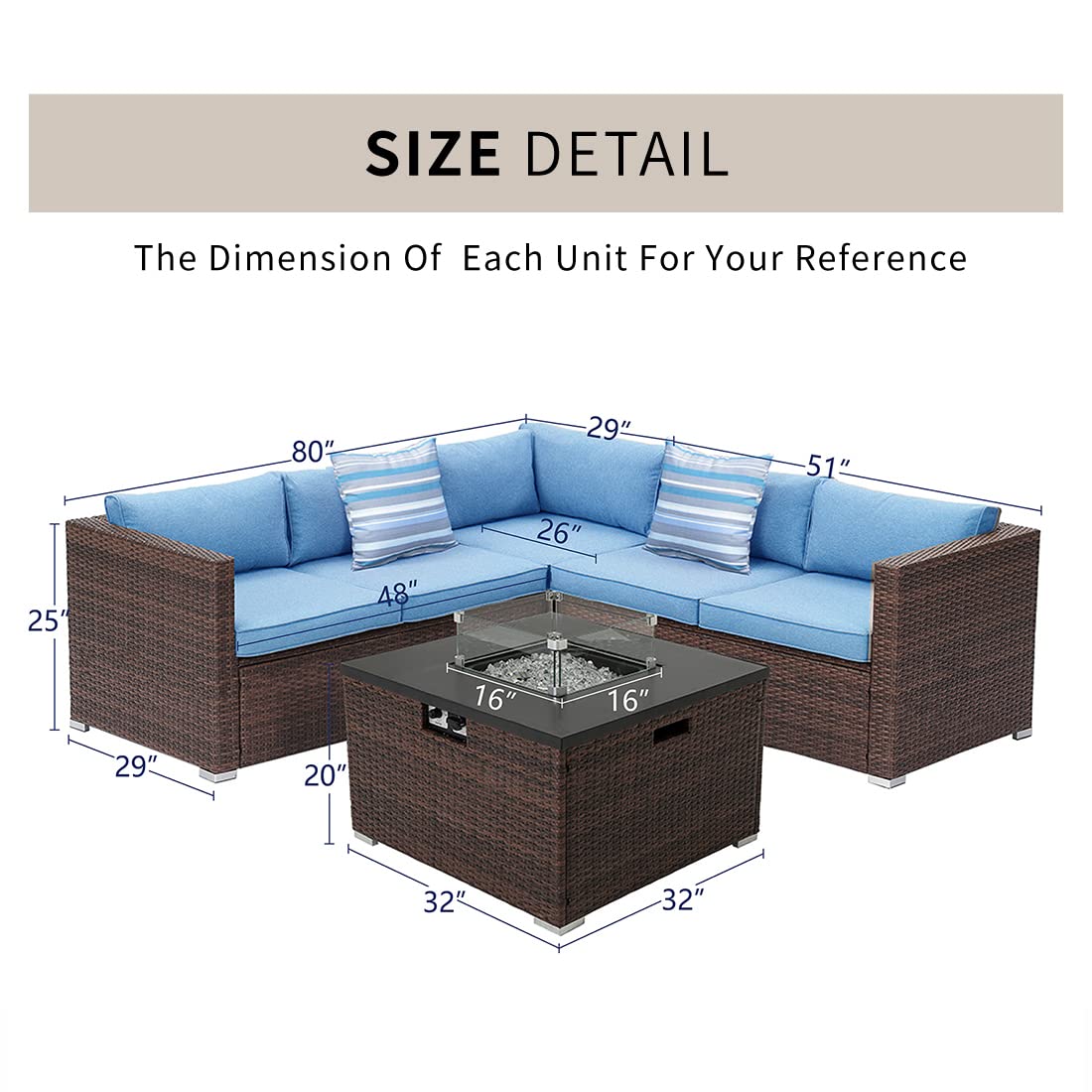 Patio Furniture Sectional Sofa w Fire Pit Table,6 Pieces Outdoor Furniture Set w 32-inch 40