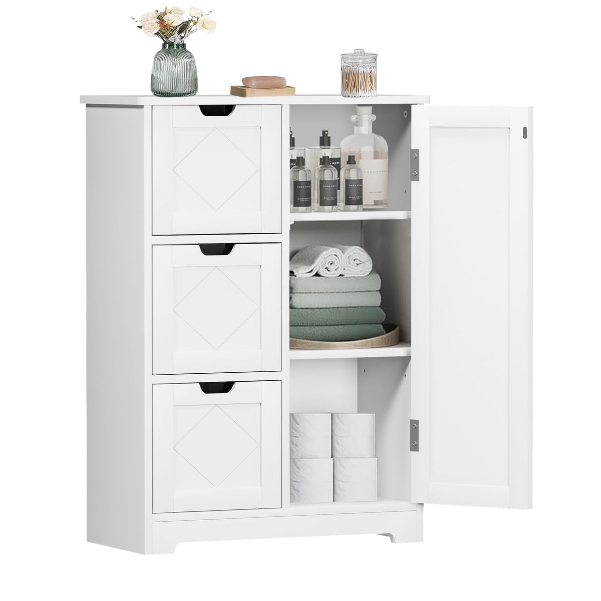 Bathroom Floor Cabinet, Freestanding Storage Cabinet with 3 Drawers and 2 Adjustable Shelves