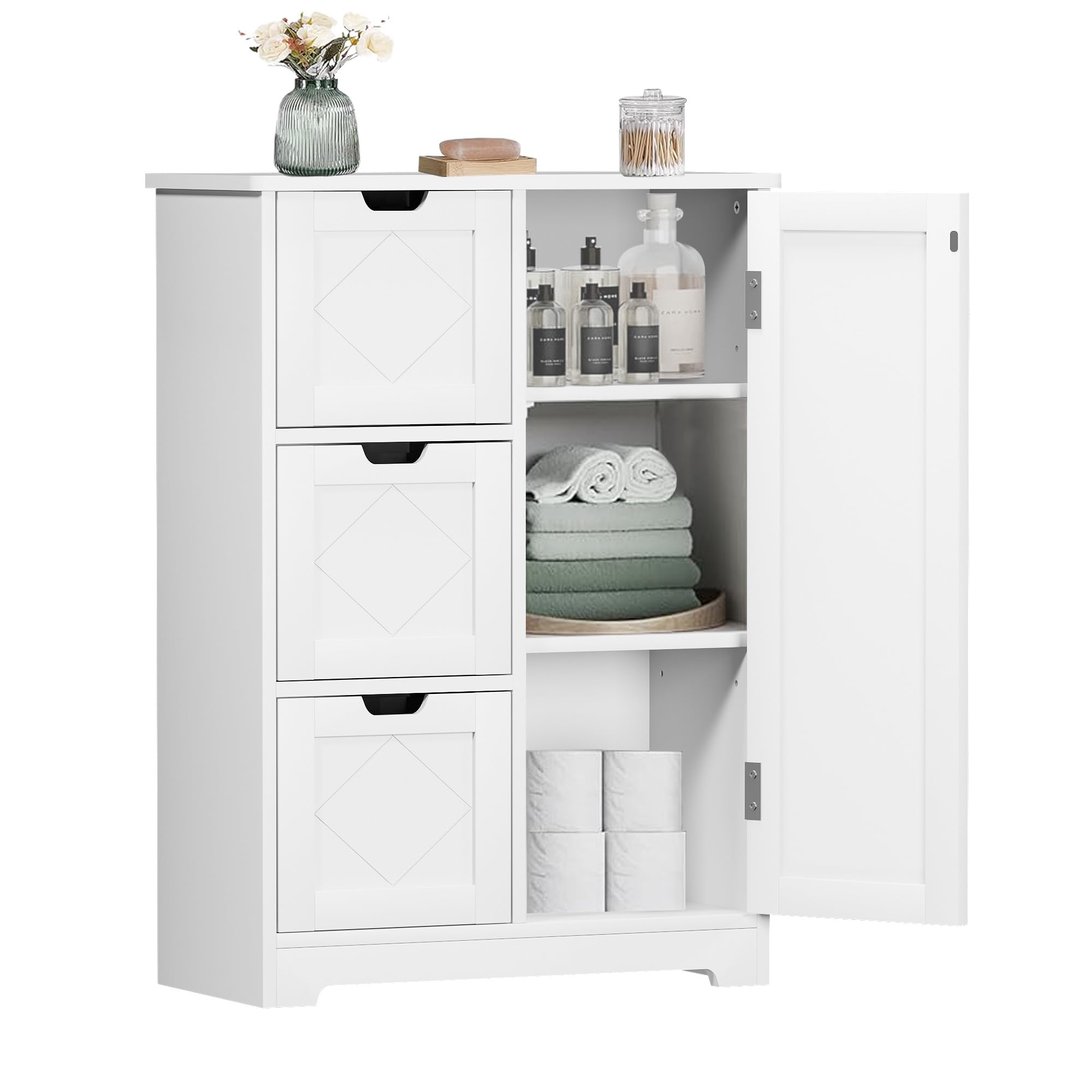 Bathroom Floor Cabinet, Freestanding Storage Cabinet with 3 Drawers and 2 Adjustable Shelves