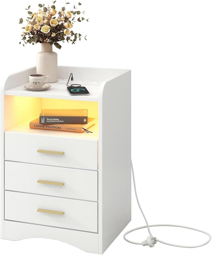 Multi-Functional White Nightstand Set of 2 with Charging Station