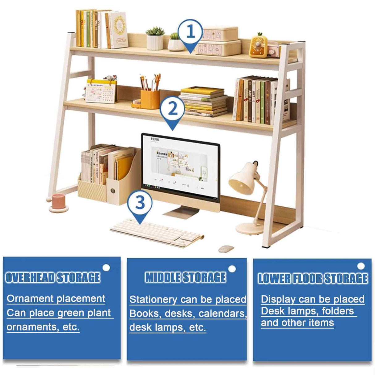 JXCAA Wall Ladder White Small Computer Desk Tall Bookcase Bookshelf Storage, Desktop Bookshelf Organizer, Thickened Steel Frame, with Installation Tools, 3 Layers, 55 X 32 X 90 Cm