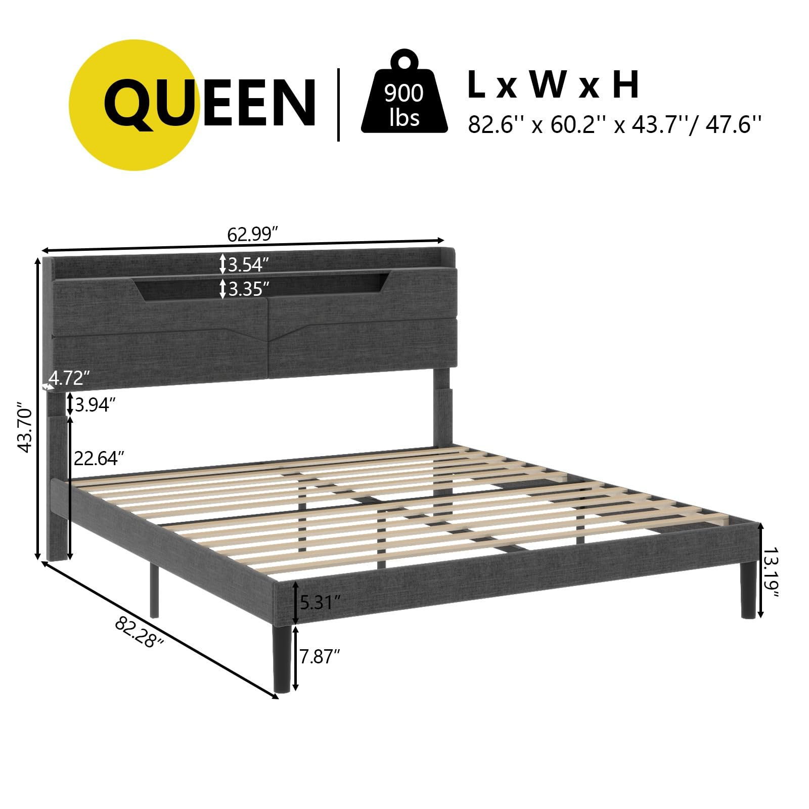Gyfimoie Upholstered Queen Bed Frame with Adjustable Storage Headboard,