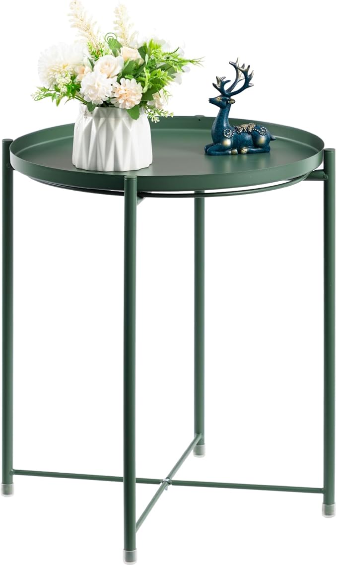 Round Metal Side Table, Outdoor Small Folding Accent Stand with Removable Tray