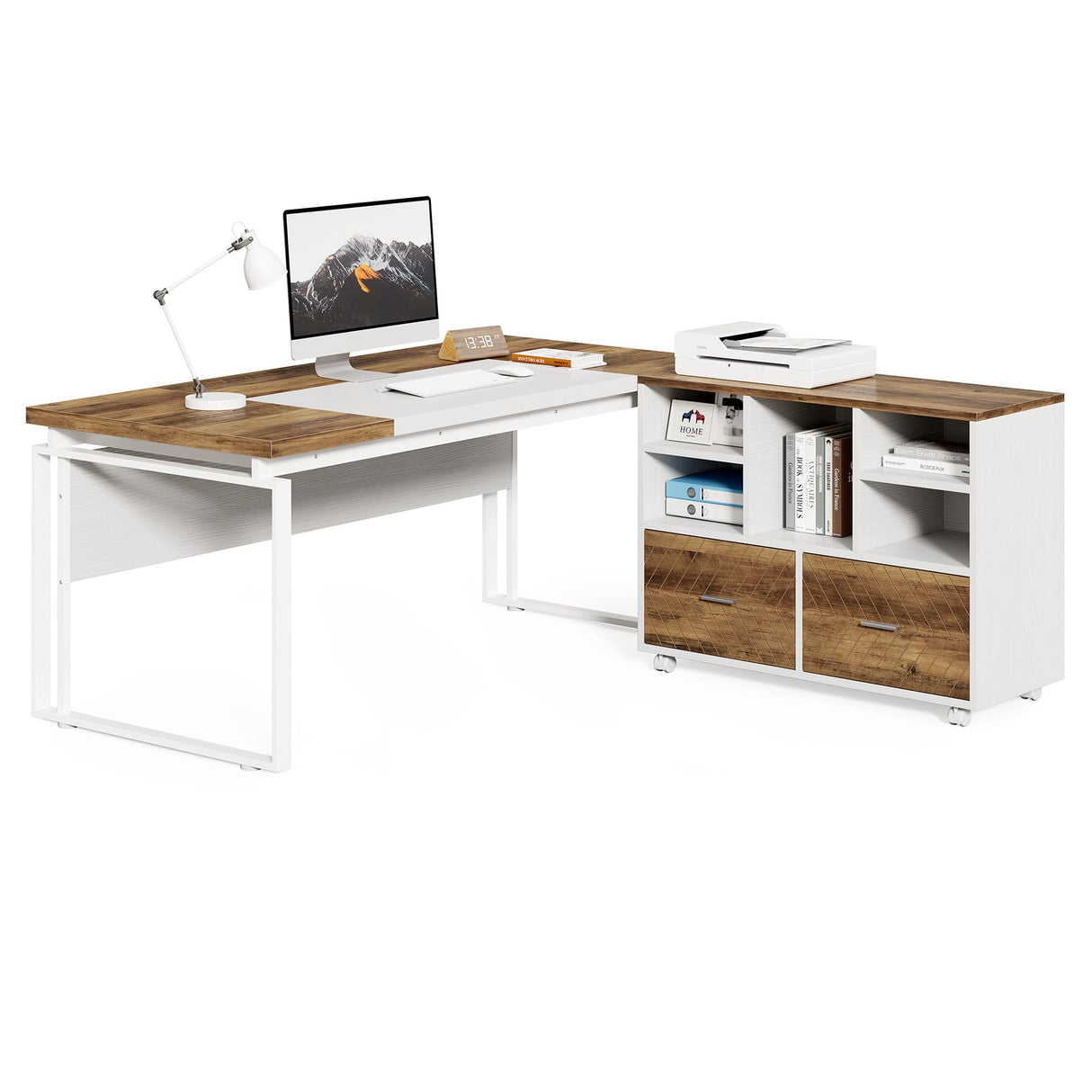 63" L-Shaped Executive Office Desk with Reversible File Cabinet, Large Modern