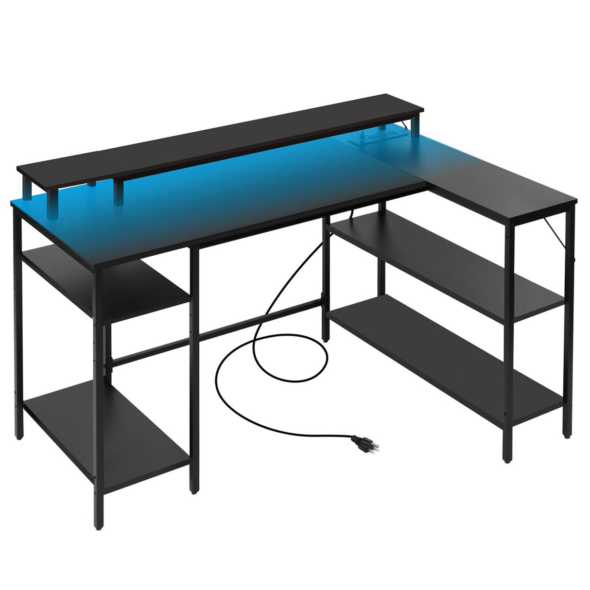 L Shaped Gaming Desk with LED Lights & Power Outlets, Reversible Computer Desk