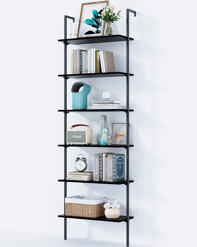 Ladder Shelf, 5 Tier Black Bookshelf, 72 Inch Wall Mounted Book Shelf