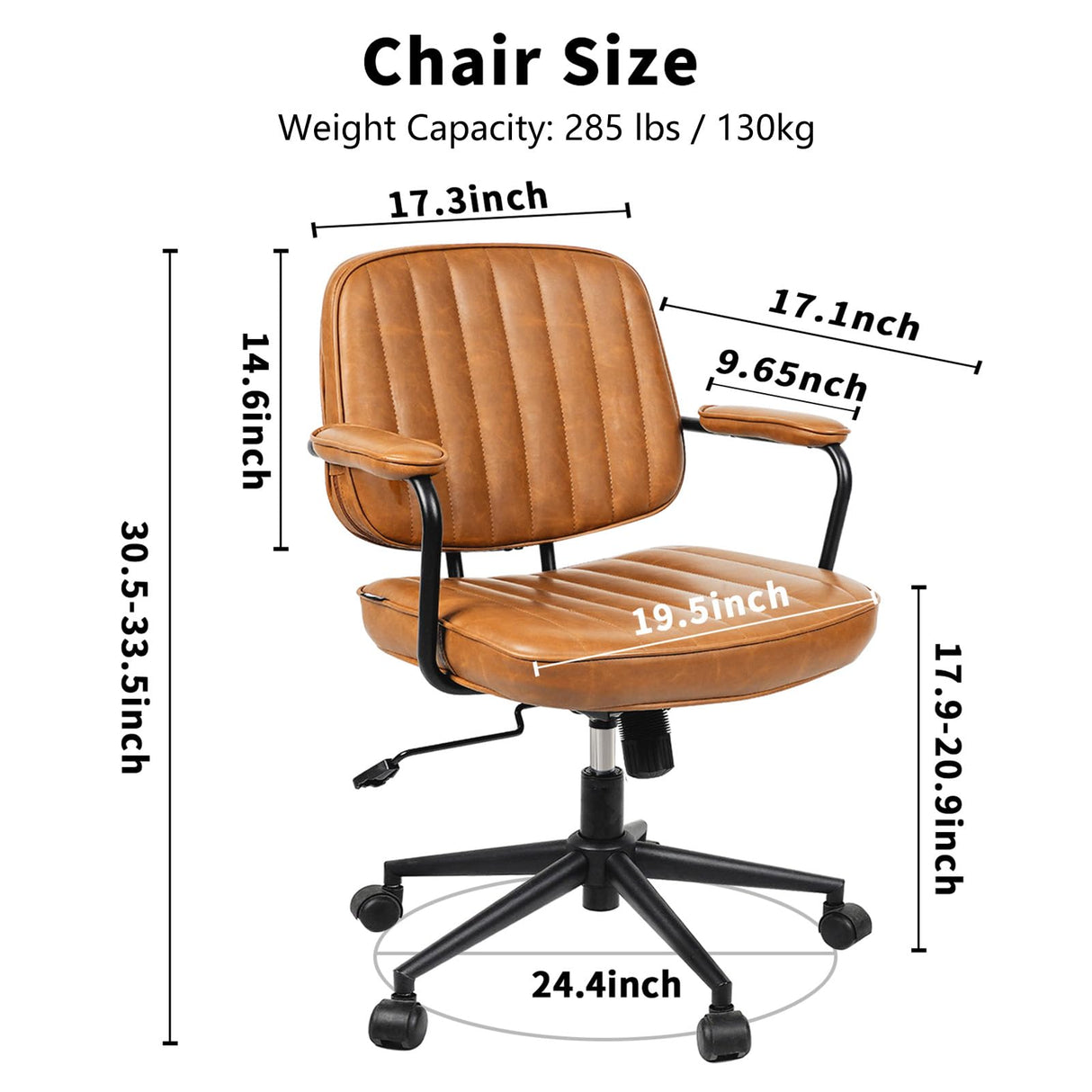 Mid-Century Leather Office Chair with Wheels & Adjustable Height