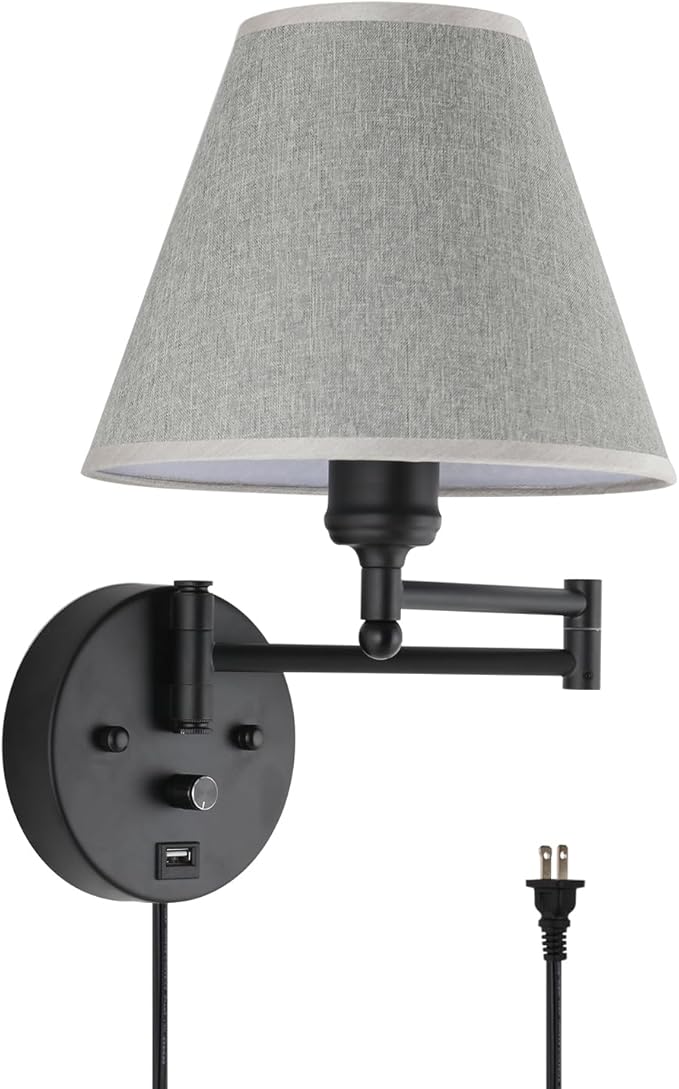 Plug-in Wall Sconce Swing Arm 1-Light Wall Mount Lamp with USB Charging Port Wall