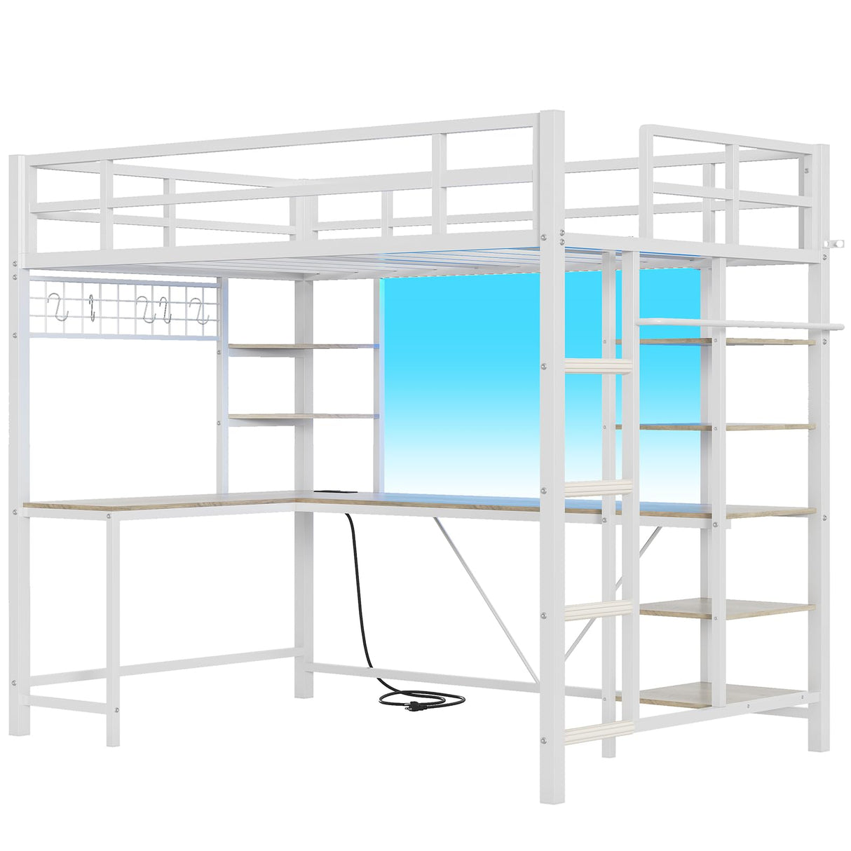Bed Twin Size with L Shaped Desk, LED Lights, Charging Station, Heavy Duty Metal Loft Bed Frame with 6 Storage Shelves, Safety Guard & Ladder, No Box Spring Needed, No Noise, White