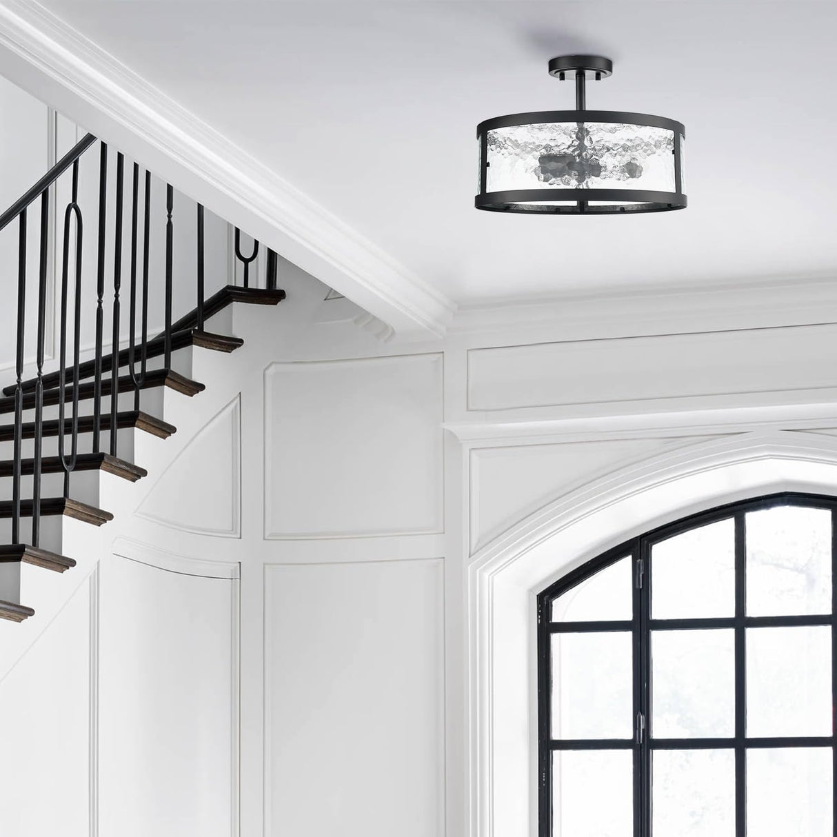 Industrial Black Semi Flush Mount Ceiling Light Harmmered Glass Farmhouse