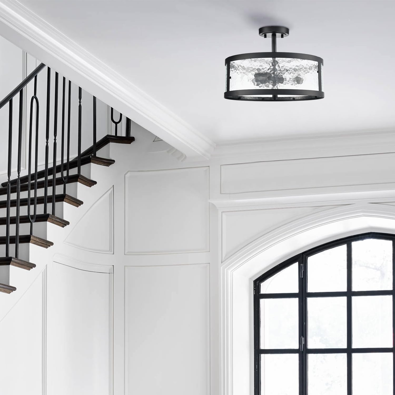 Industrial Black Semi Flush Mount Ceiling Light Harmmered Glass Farmhouse