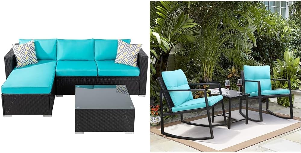 3-Piece Blue Wicker Patio Sofa Set with Rocking Bistro Chairs