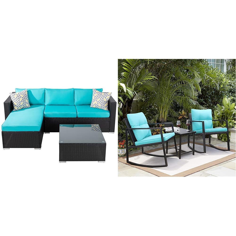 3-Piece Blue Wicker Patio Sofa Set with Rocking Bistro Chairs