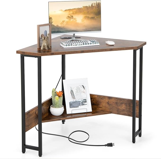 Corner Desk with Power Outlet, Triangle Computer Desk for Small Space