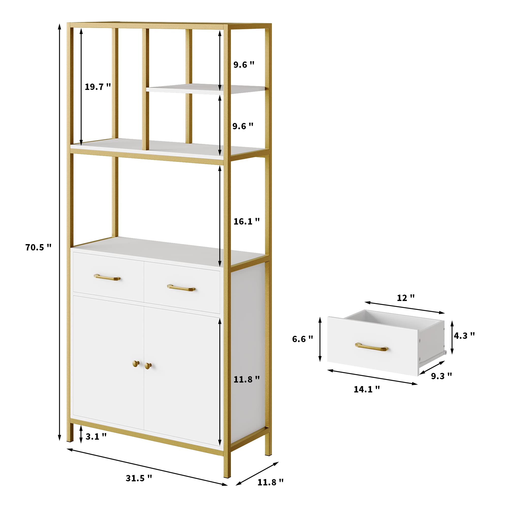 all Bookshelf, Modern White and Gold Bookcase, Book Shelves with Drawers and Storage Cabinet, Metal Etagere Bookcase Display Shelves for Home Office, Gold/White