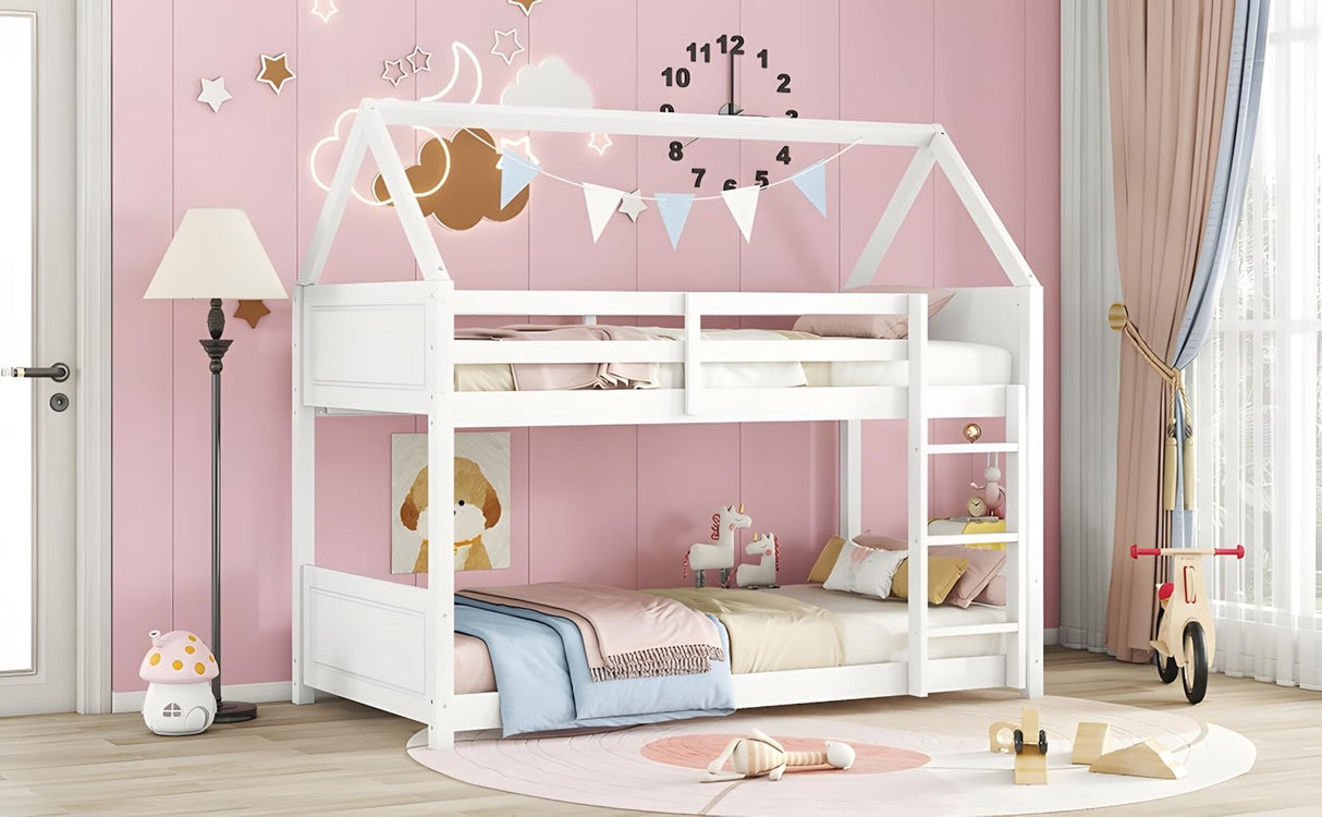 Twin Over Twin House Floor Bunk Bed, Wooden Bunk Bed with Headboards, Footboards, Guardrails and Ladder, Space-Saving Design, Safety Guaranteed, White