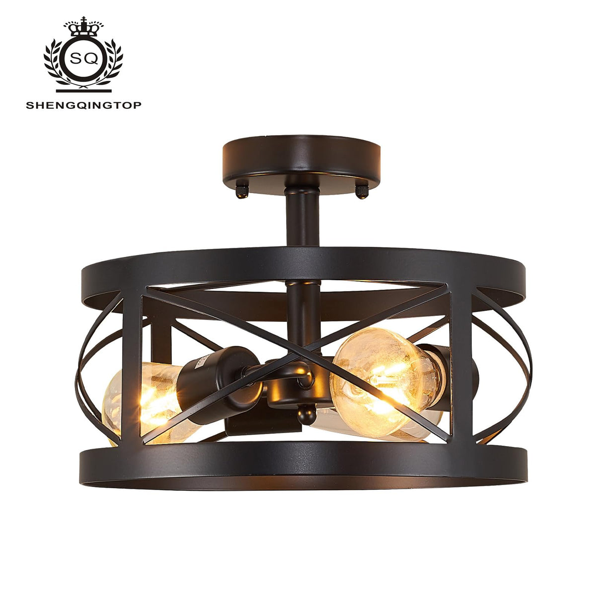 Rustic Industrial 3-Light Semi-Flush Mount Ceiling Light 13" Matte Black Round Lighting