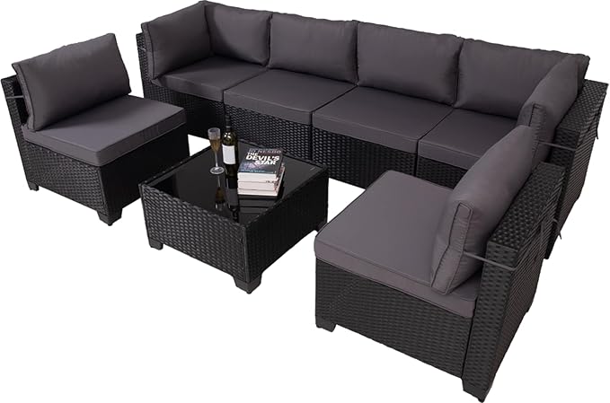 7 Pieces Wicker Patio Furniture Set, Outdoor Sectional Rattan Sofa with Waterproof